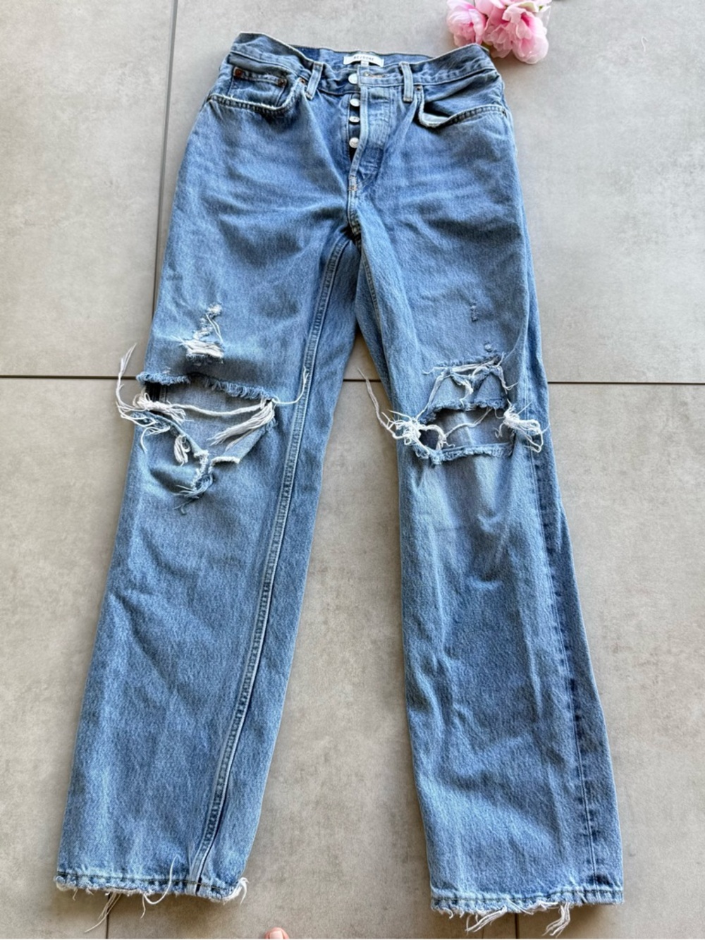 Re Done Light Blue High-Rise Distressed Straight Jeans SZ24 mid wash buttons
